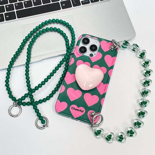 Trendige Herz-Design Case mit Herz-Fingerhalter & Perlen-Umhängeband für iPhone 15
